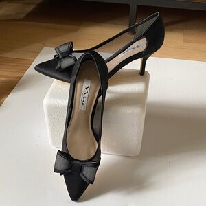 Nina Black Satin Pointed-Toe Kitten Heels with Bow